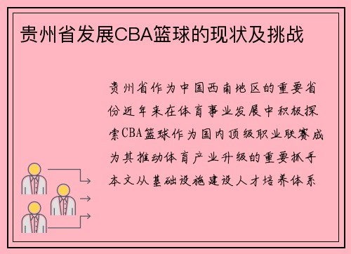 贵州省发展CBA篮球的现状及挑战