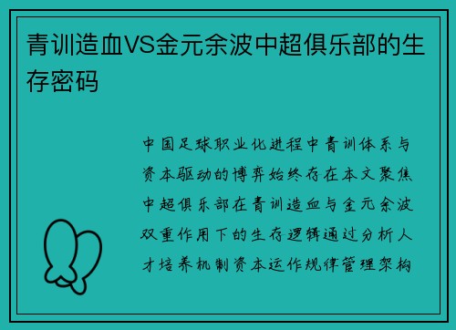 青训造血VS金元余波中超俱乐部的生存密码