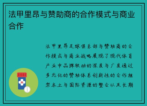 法甲里昂与赞助商的合作模式与商业合作